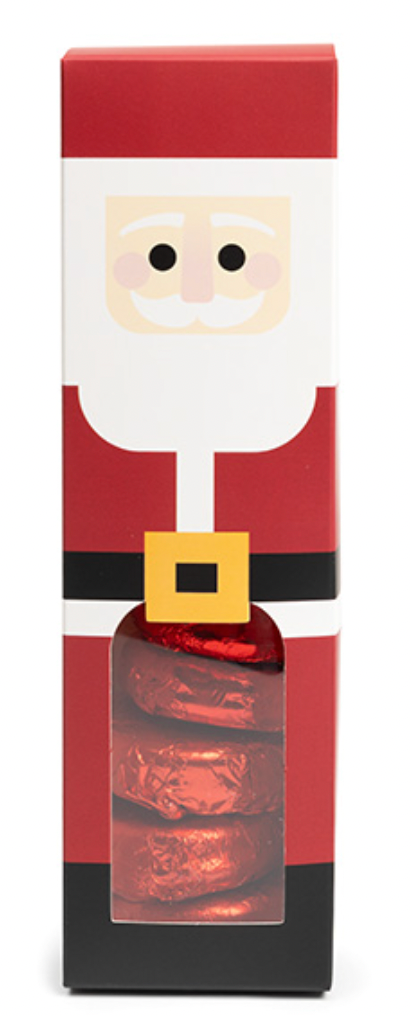 Red, white and black candy box with window in a Santa Claus design. Thick quality boxes.